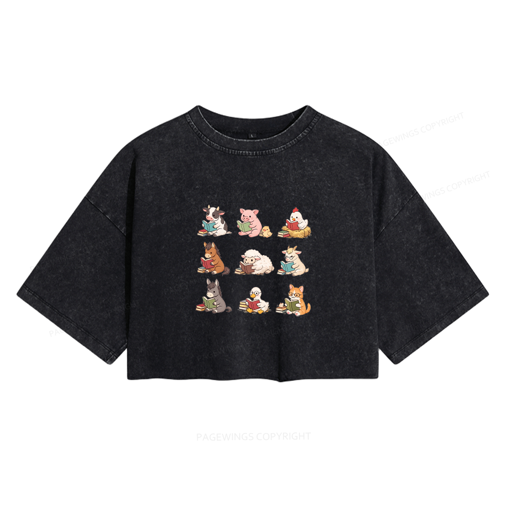 Pagewing Farm Animals Reading Women's Washed Cropped T-shirt