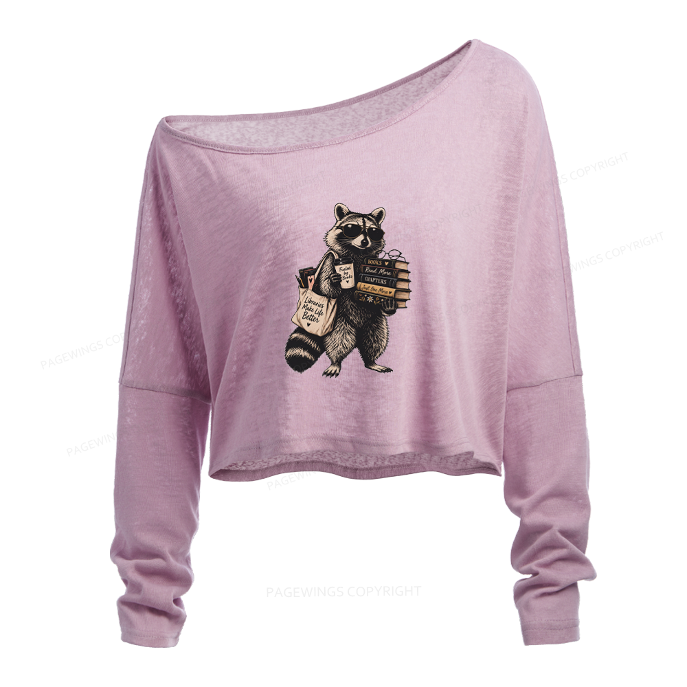 Pagewings Book Lover Raccoon Slouchy Long Sleeve Off Shoulder T-shirt