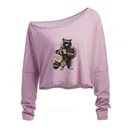 Pagewings Book Lover Raccoon Slouchy Long Sleeve Off Shoulder T-shirt