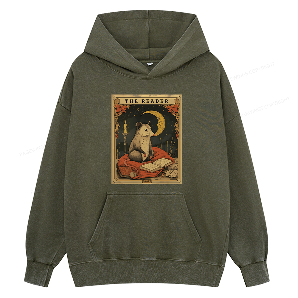 Pagewings The Reader Opossum Tarot Card Unisex Washed Hoodie