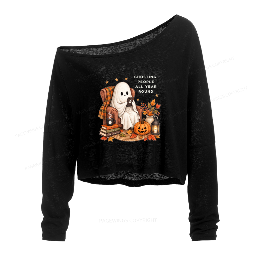 Pagewings Fall Coffee Bool Lover Slouchy Long Sleeve Off Shoulder T-shirt
