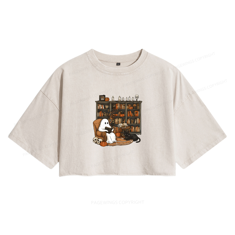 Pagewings Halloween Ghost Reading Books Women's Washed Cropped T-shirt