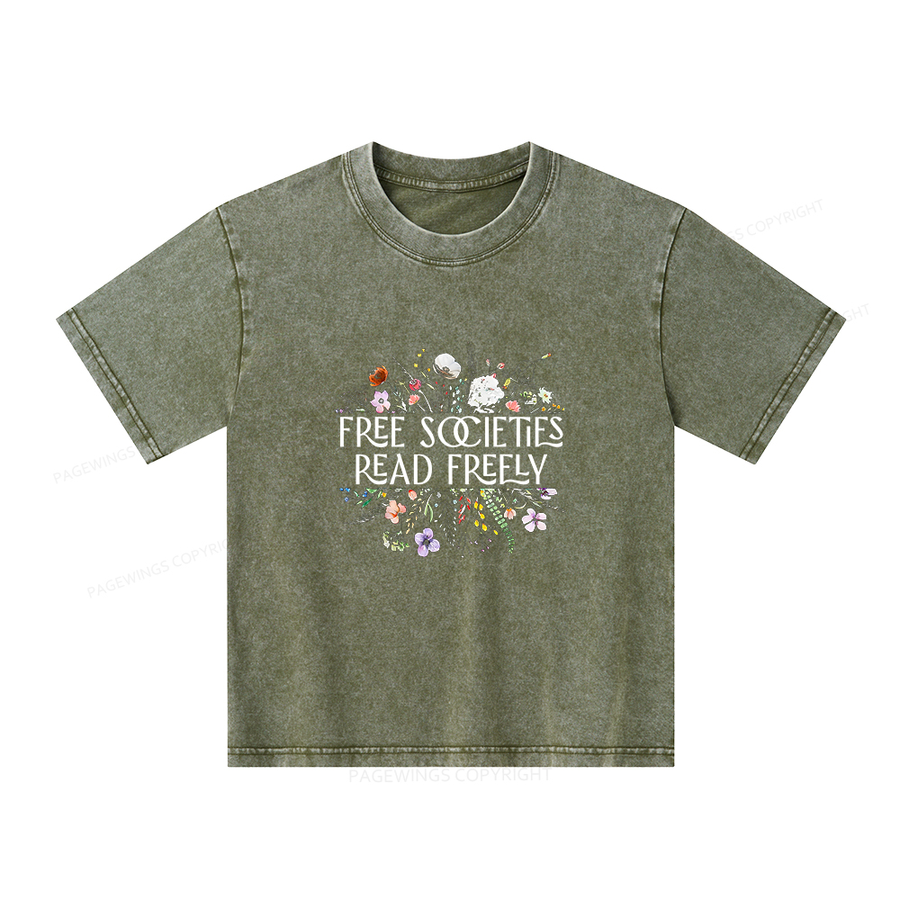 Pagewings Free Societies Read Freely Unisex Kids Washed T-shirt
