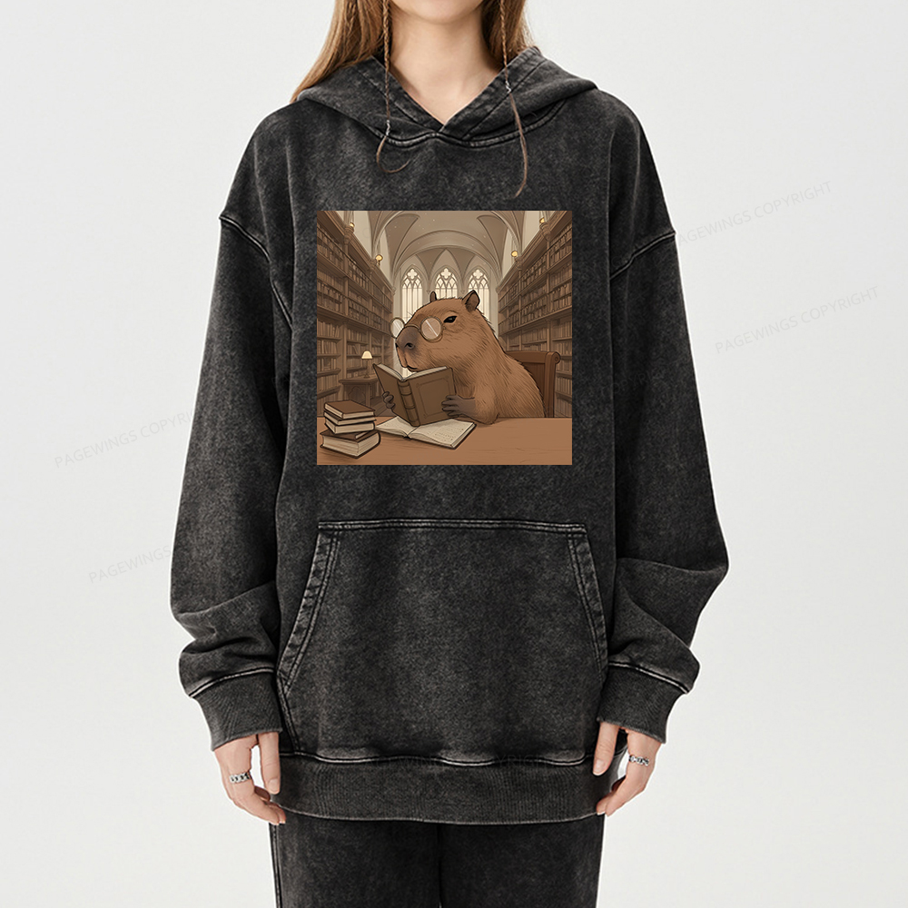 Pagewings The Reader Capybara Unisex Washed Hoodie