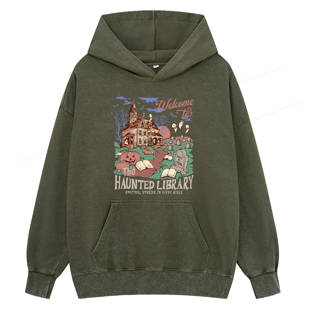 Pagewings Welcome To The Haunted Library Unisex Washed Hoodie