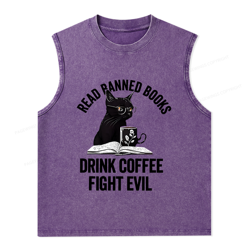 Pagewings Read Books Drink Coffee Fight Evil Shirt Unisex Washed Tank Top