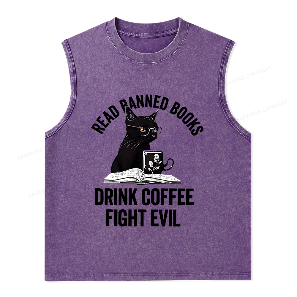 Pagewings Read Books Drink Coffee Fight Evil Shirt Unisex Washed Tank Top