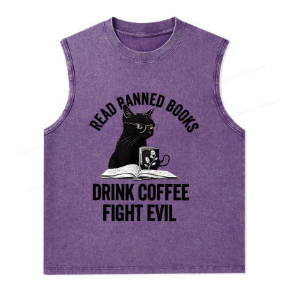 Pagewings Read Books Drink Coffee Fight Evil Shirt Unisex Washed Tank Top
