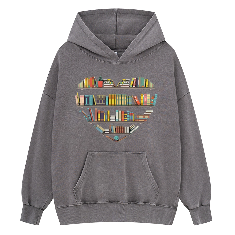 Pagewings Heart Bookshelves Unisex Washed Hoodie