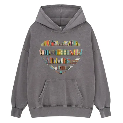 Pagewings Heart Bookshelves Unisex Washed Hoodie