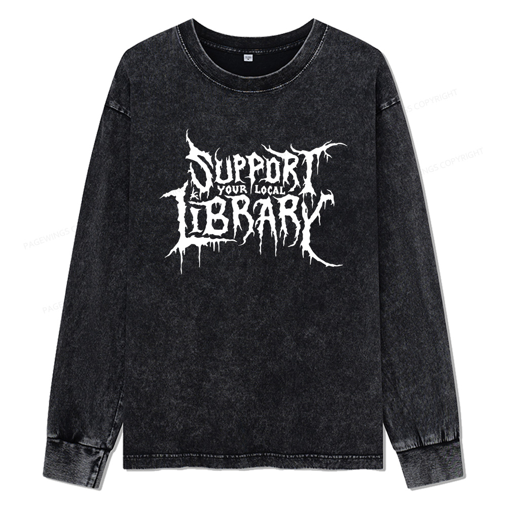 Pagewings Support Your Local Library Unisex Washed Long Sleeve T-shirt