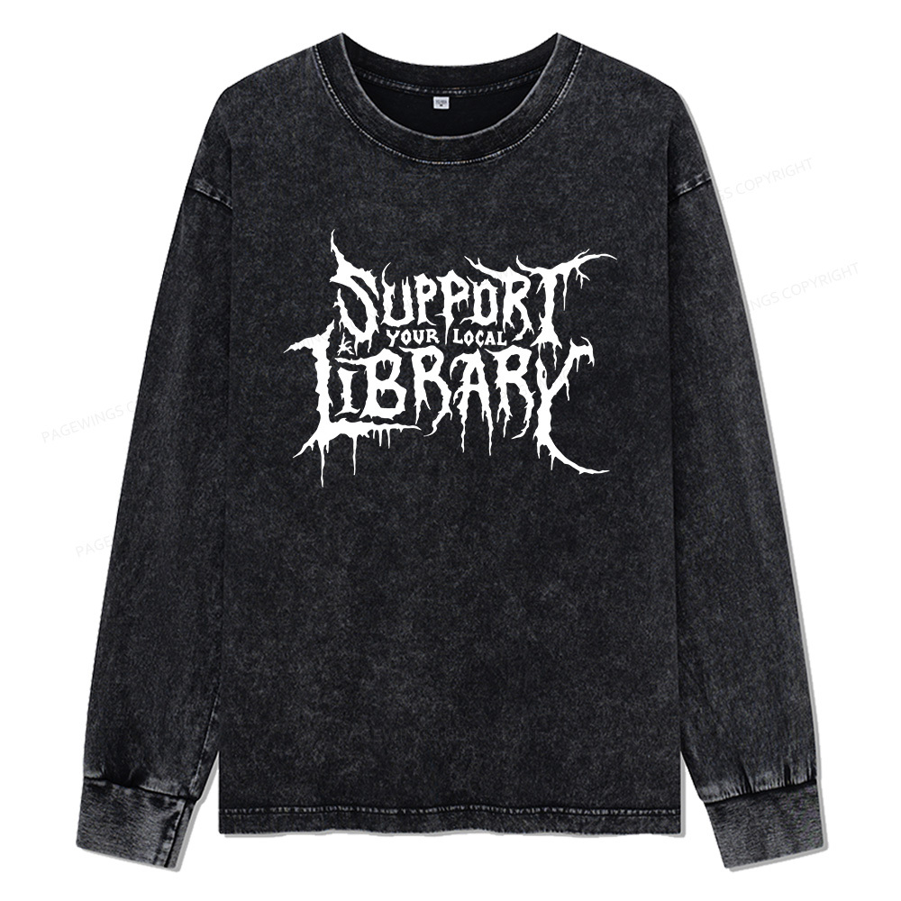Pagewings Support Your Local Library Unisex Washed Long Sleeve T-shirt