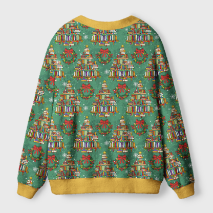 Pagewings Christmas Book Tree Light Knit Unisex Cardigan Sweaters