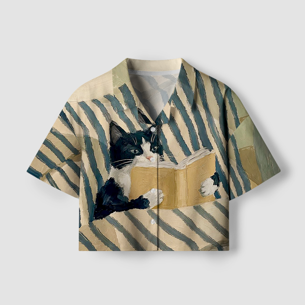 Pagewings Reading Cat Women's Camp Shirt