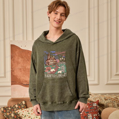 Pagewings Welcome To The Haunted Library Unisex Washed Hoodie