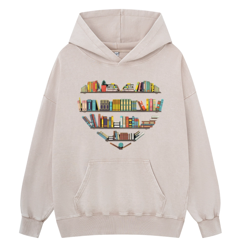 Pagewings Heart Bookshelves Unisex Washed Hoodie
