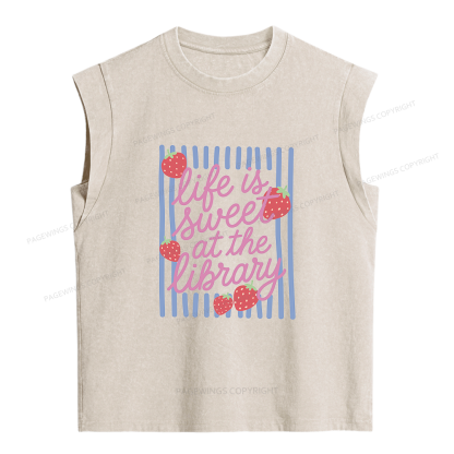 Pagewing Life Is Sweet At The Library Women's Washed Tank Top