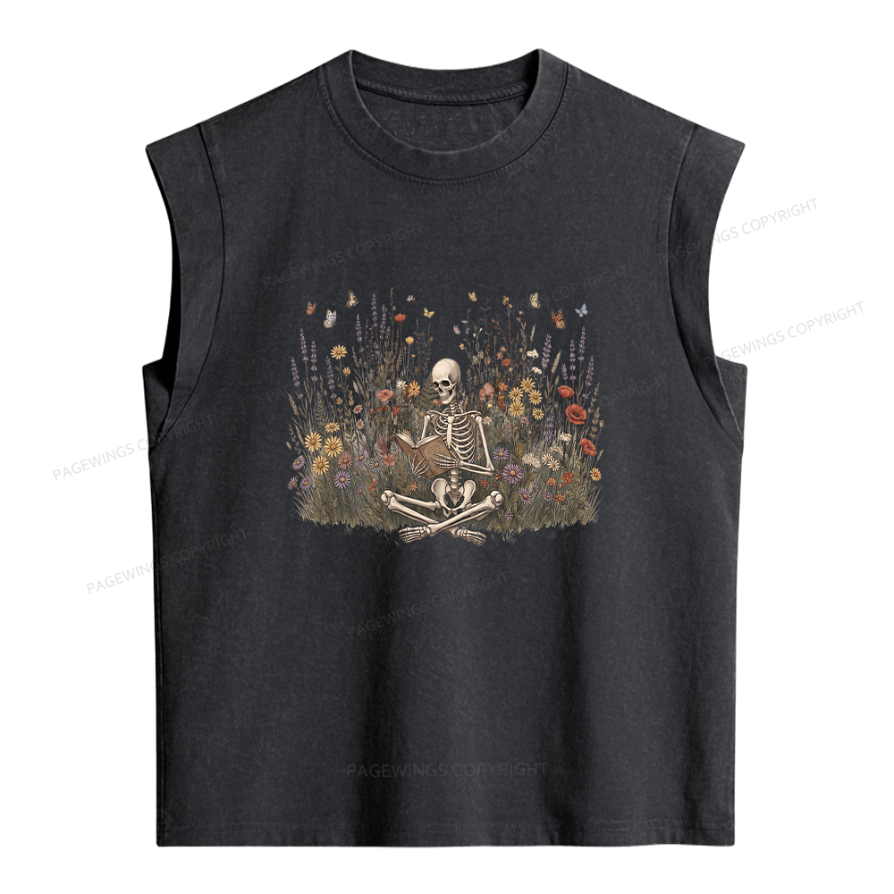 Pagewings Skeleton Reading Book Women's Washed Tank Top