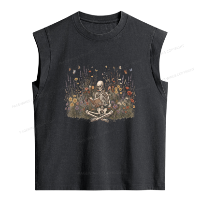Pagewings Skeleton Reading Book Women's Washed Tank Top