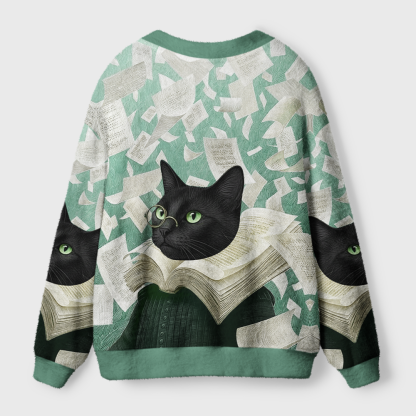 Pagewings Cats Loves Reading Light Knit Unisex Cardigan Sweaters