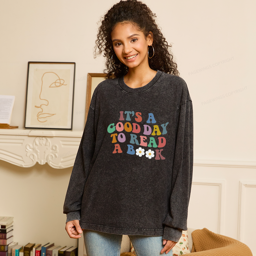 Pagewings It's A Good Day To Read A Book Unisex Washed Long Sleeve T-shirt