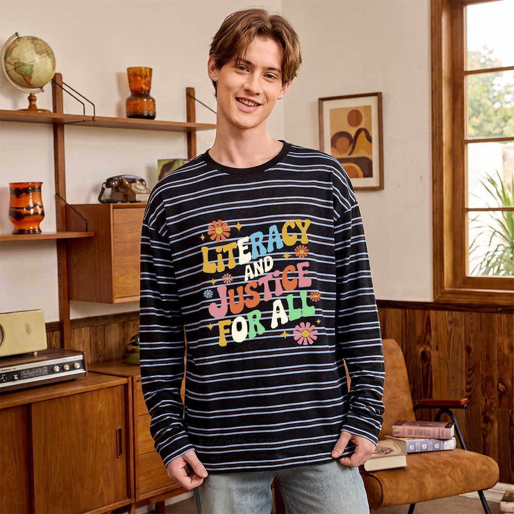 Pagewings Literacy And Justice For All Unisex Striped Long Sleeve T-Shirt