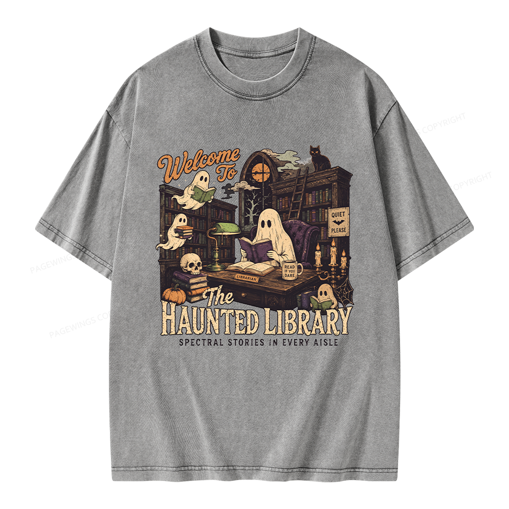 Pagewings Haunted Library Unisex Washed T-shirt
