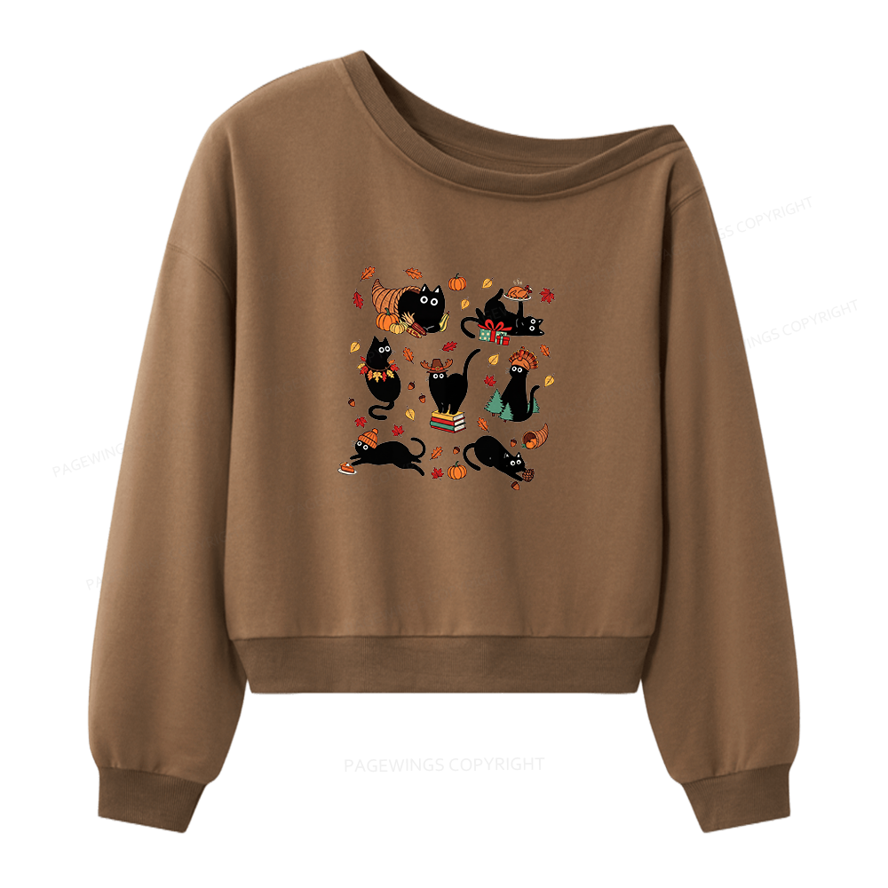 Pagewings Thanksgiving Cat Women Off Shoulder Sweatshirt