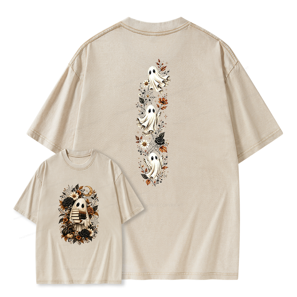 Pagewings Halloween Floral Ghost Bookish Unisex Washed T-shirt