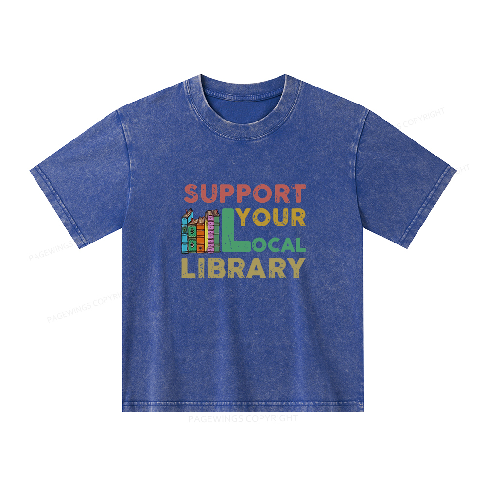 Pagewings Support Your Local Library Unisex Kids Washed T-shirt