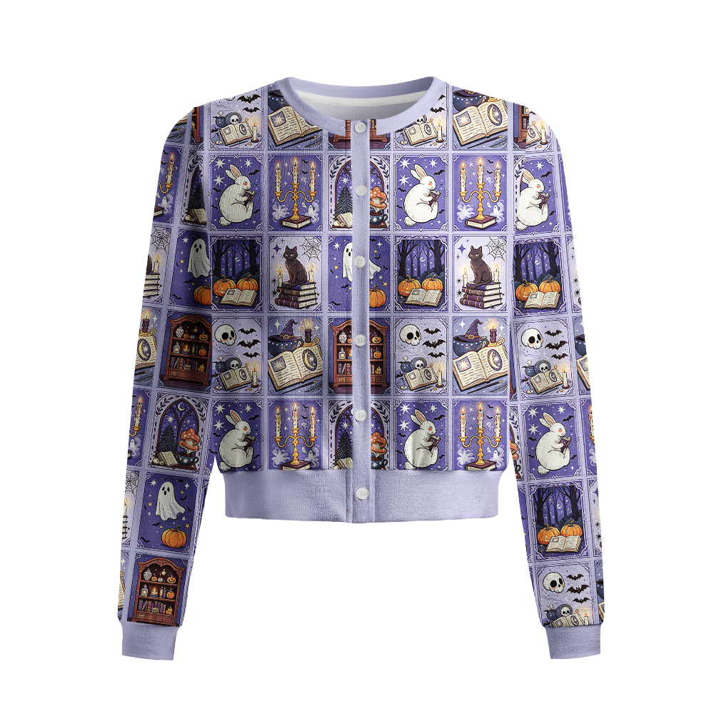 Pagewings Halloween Bookish Crew Neck Cardigan Sweaters