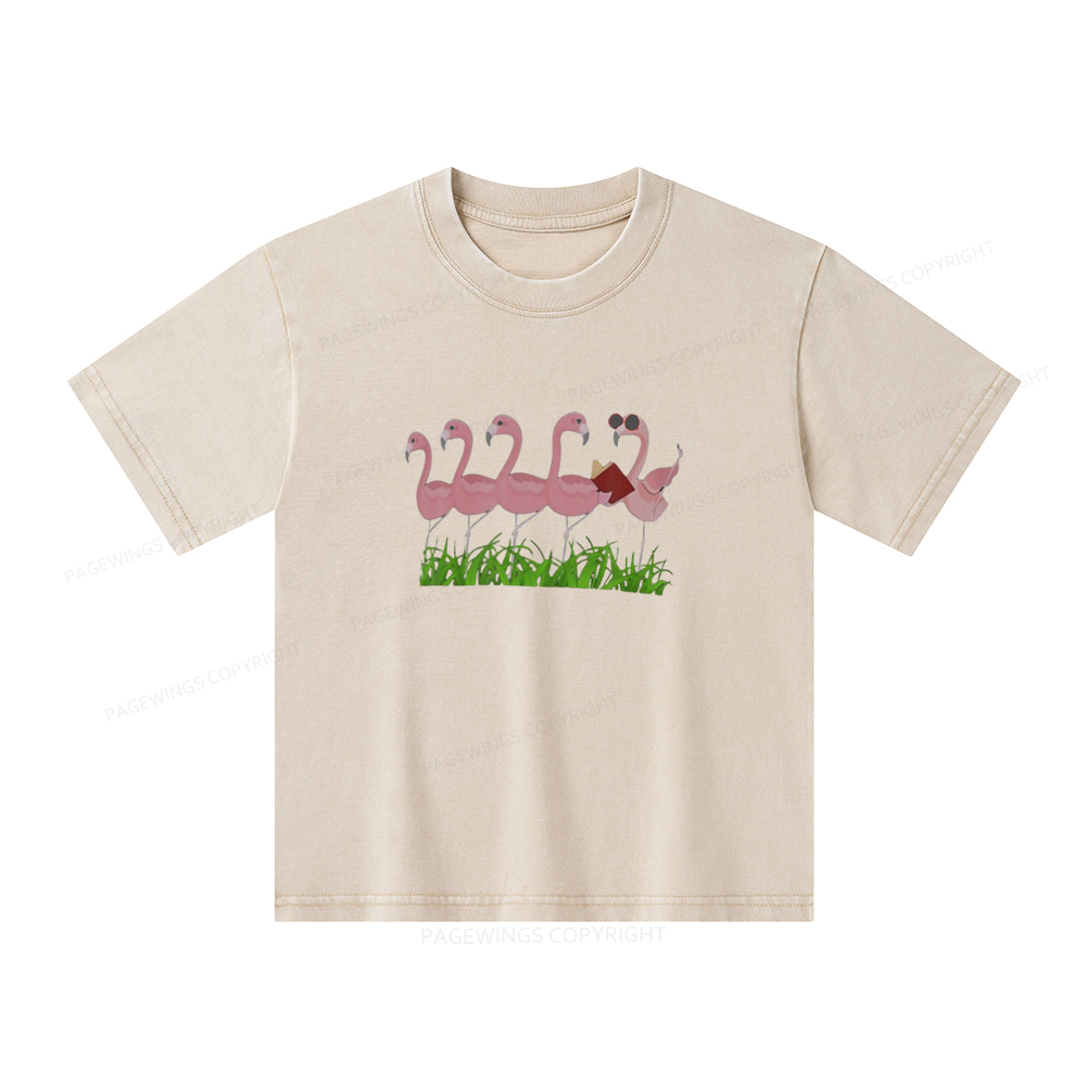 Pagewings Funny Flamingo Reading Book Unisex Kids Washed T-shirt