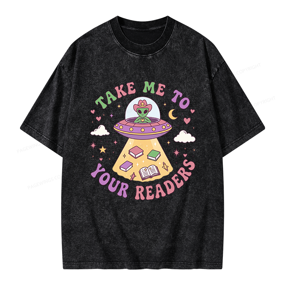 Pagewings Cute Alien Reading Unisex Washed T-shirt