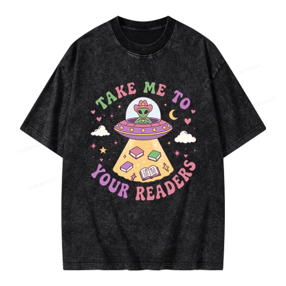 Pagewings Cute Alien Reading Unisex Washed T-shirt