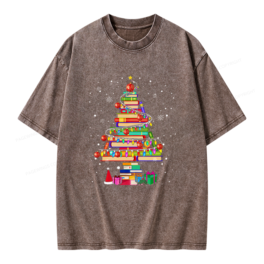 Pagewings Merry Christmas Library Tree Unisex Washed T-shirt