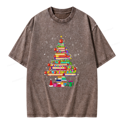 Pagewings Merry Christmas Library Tree Unisex Washed T-shirt