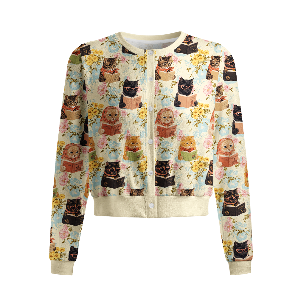 Pagewings Reading Cat Crew Neck Cardigan Sweaters