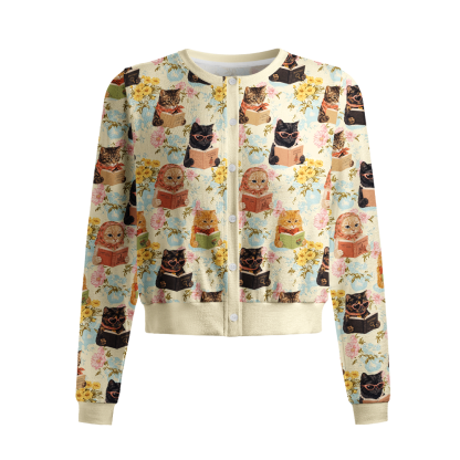 Pagewings Reading Cat Crew Neck Cardigan Sweaters