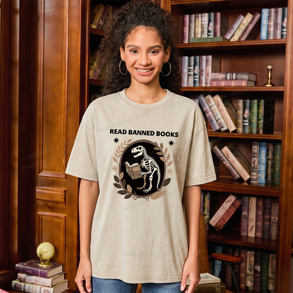 Pagewings Vintage Dinosaur Skeleton Reading Book Unisex Washed T-shirt