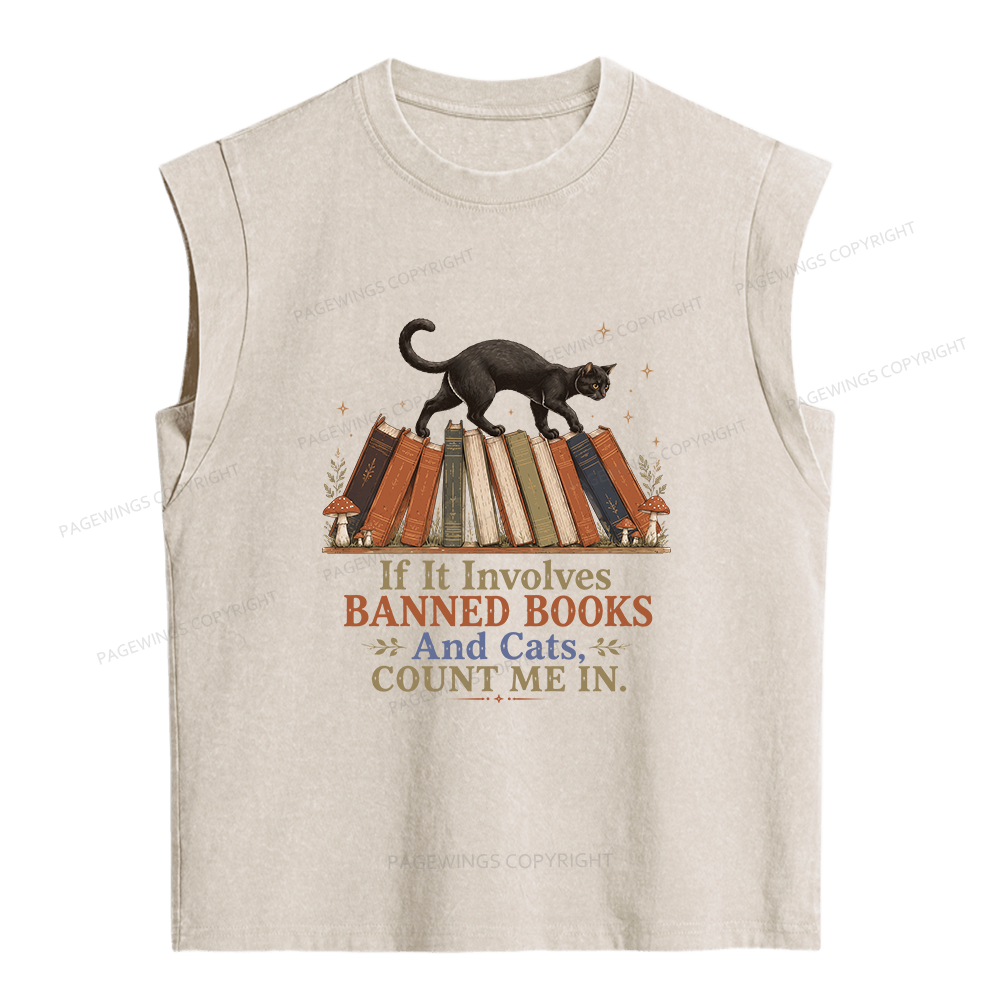 Pagewings Cat Read Banned Books Women's Washed Tank Top