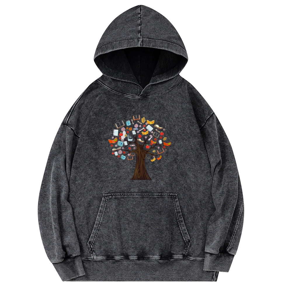 Pagewings Book Tree Vintage Graphic Unisex Washed Hoodie