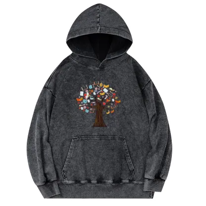 Pagewings Book Tree Vintage Graphic Unisex Washed Hoodie