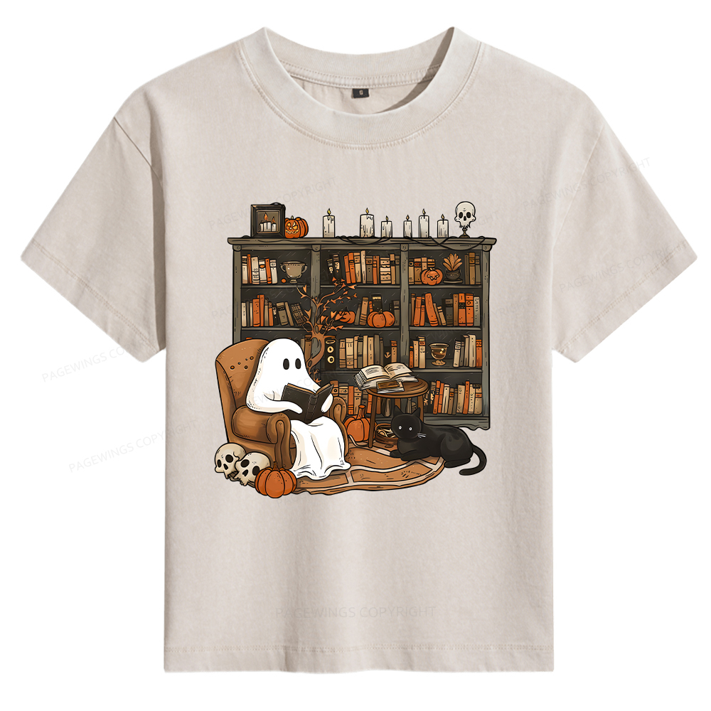 Pagewings Halloween Ghost Reading Books Women's Washed T-shirt