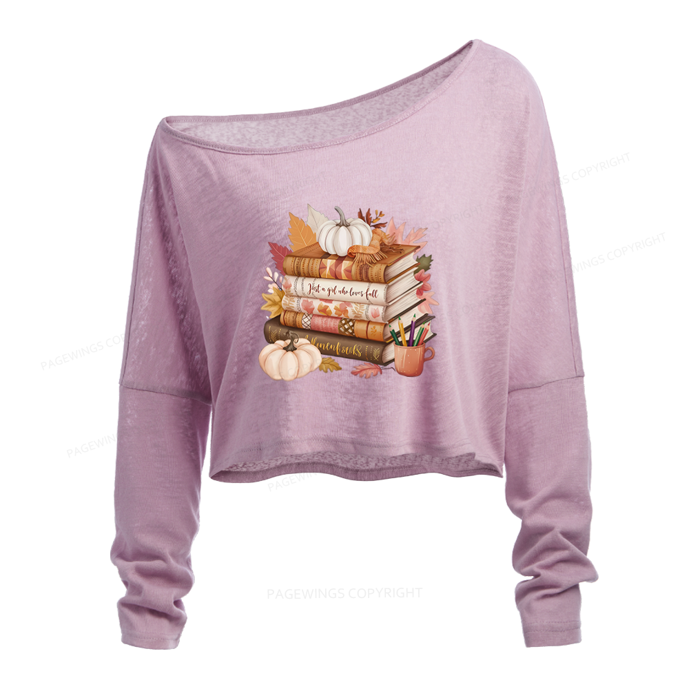 Pagewings Thanksgiving Fall Pumpkin Slouchy Long Sleeve Off Shoulder T-shirt