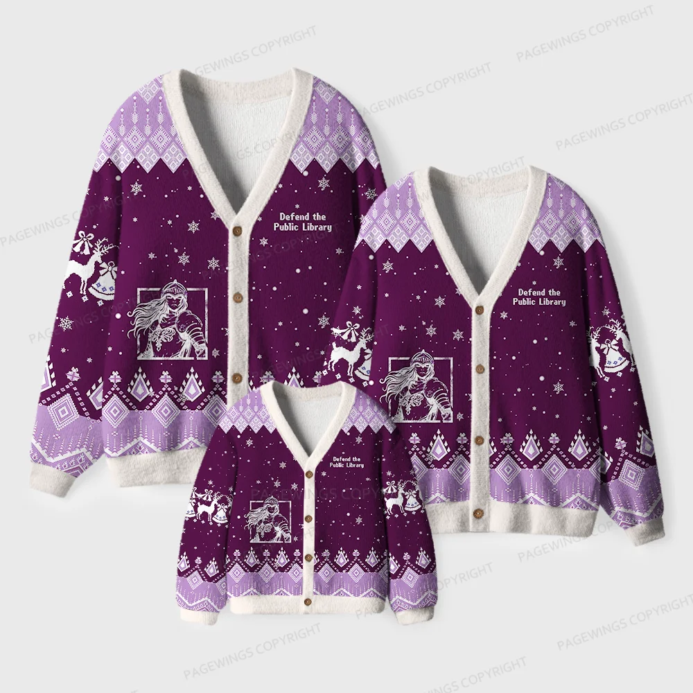 Pagewings Defend The Public Library Unisex Ugly Cardigan Sweaters
