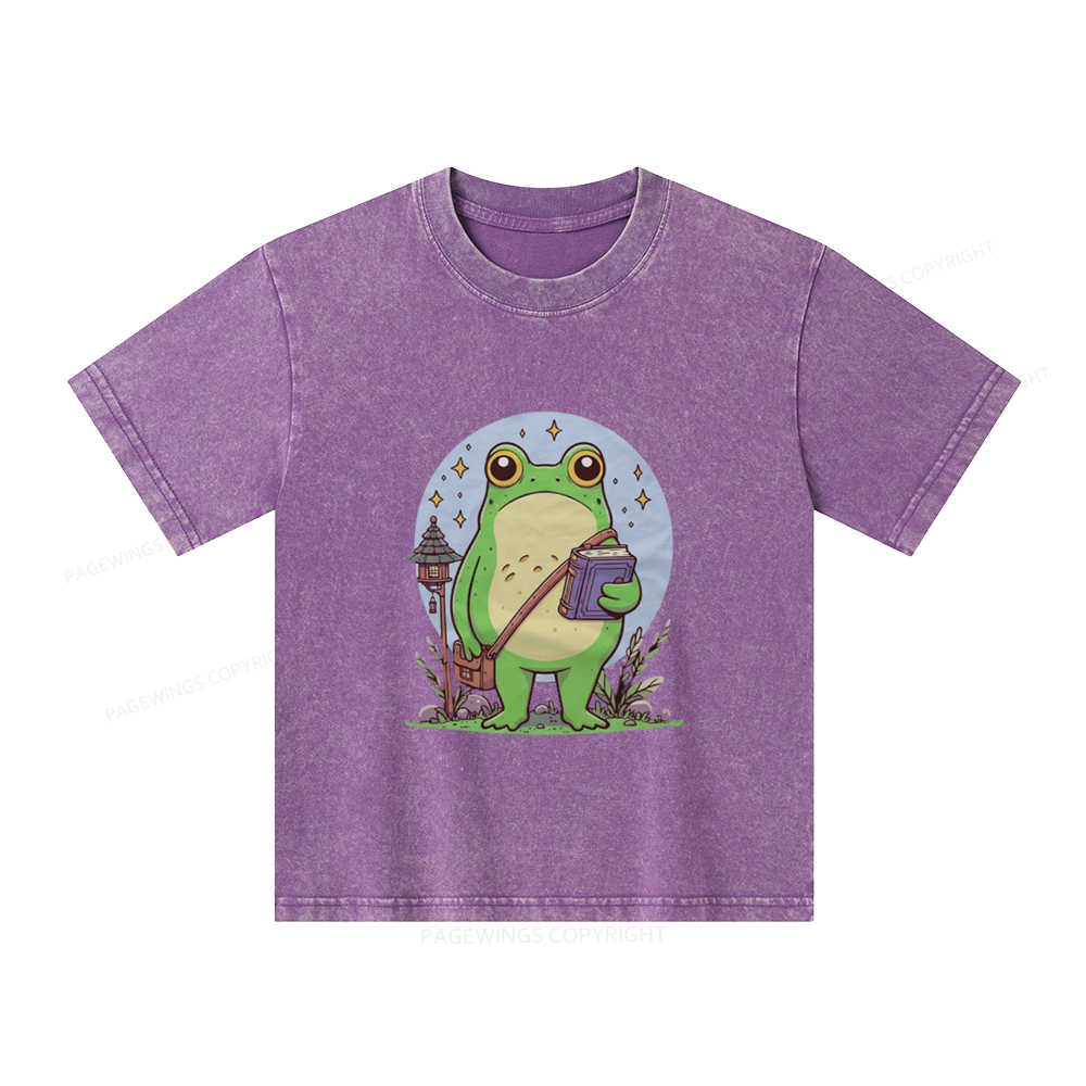 Pagewings Frog Reading Book Unisex Kids Washed T-shirt