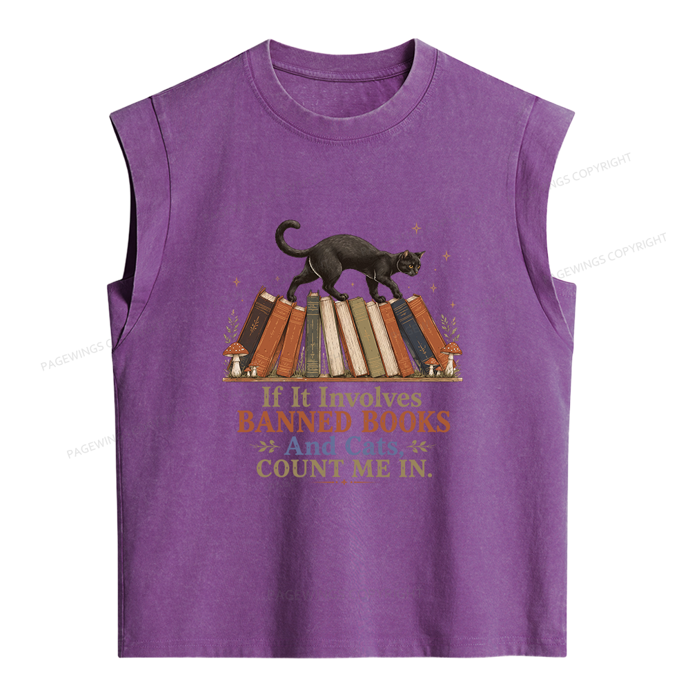 Pagewings Cat Read Banned Books Women's Washed Tank Top