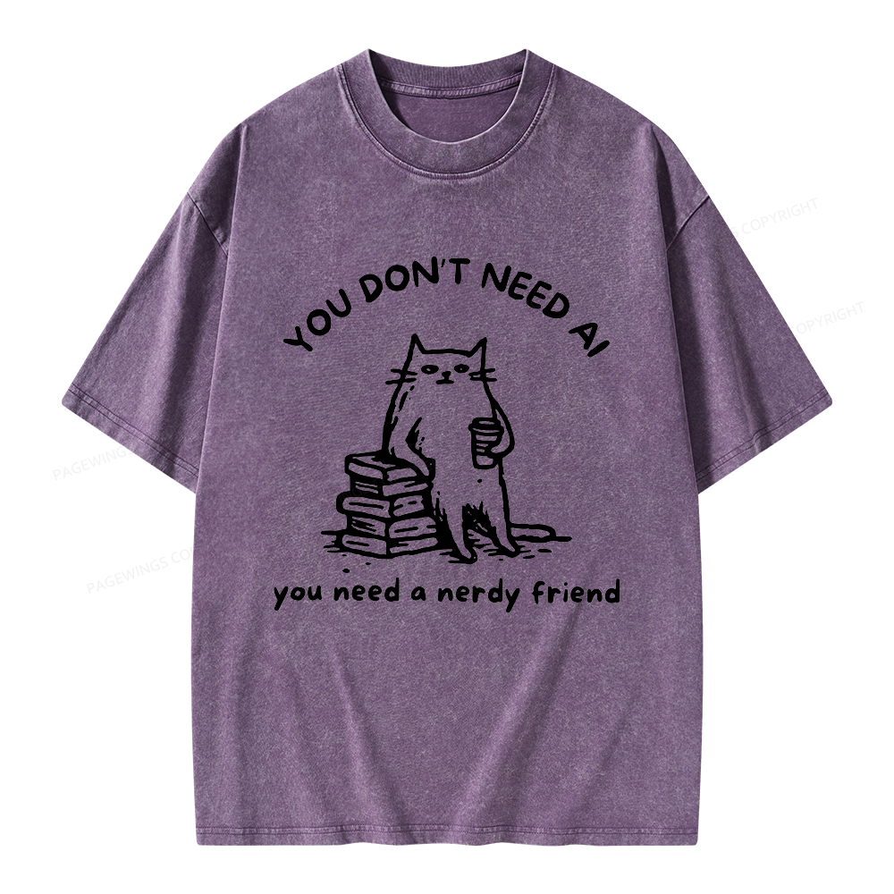 Pagewings Funny Cat Doodle Anti AI Unisex Washed T-shirt