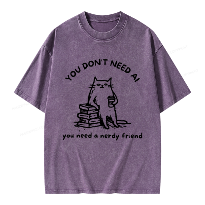 Pagewings Funny Cat Doodle Anti AI Unisex Washed T-shirt