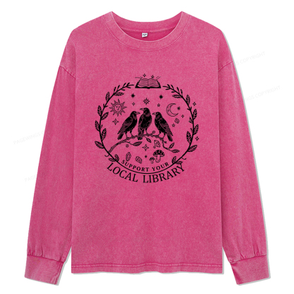 Pagewings Support Your Local Library Unisex Washed Long Sleeve T-shirt
